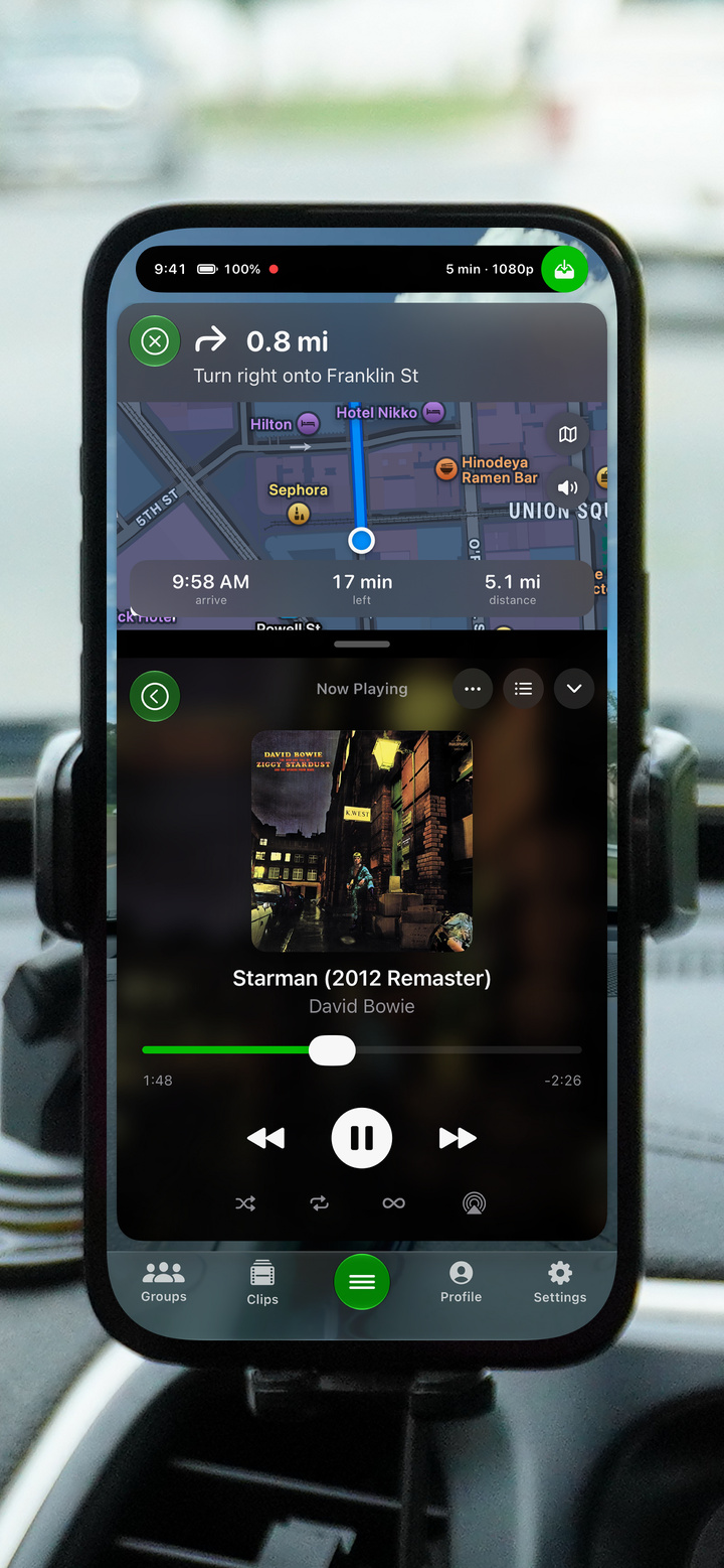 GoDash showing navigation above the Now Playing music player with full album artwork