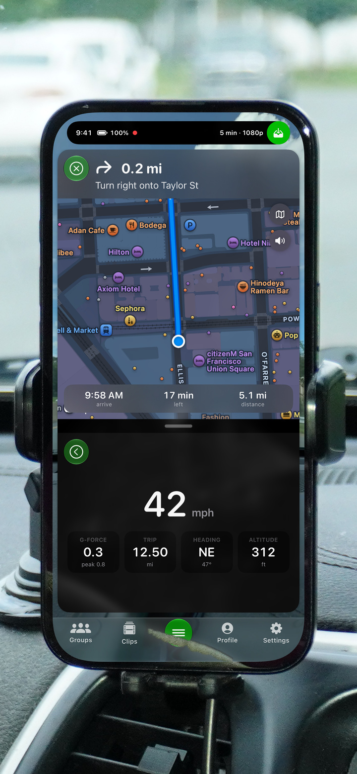 GoDash showing turn-by-turn navigation above live speed, g-force, trip, heading and altitude telemetry