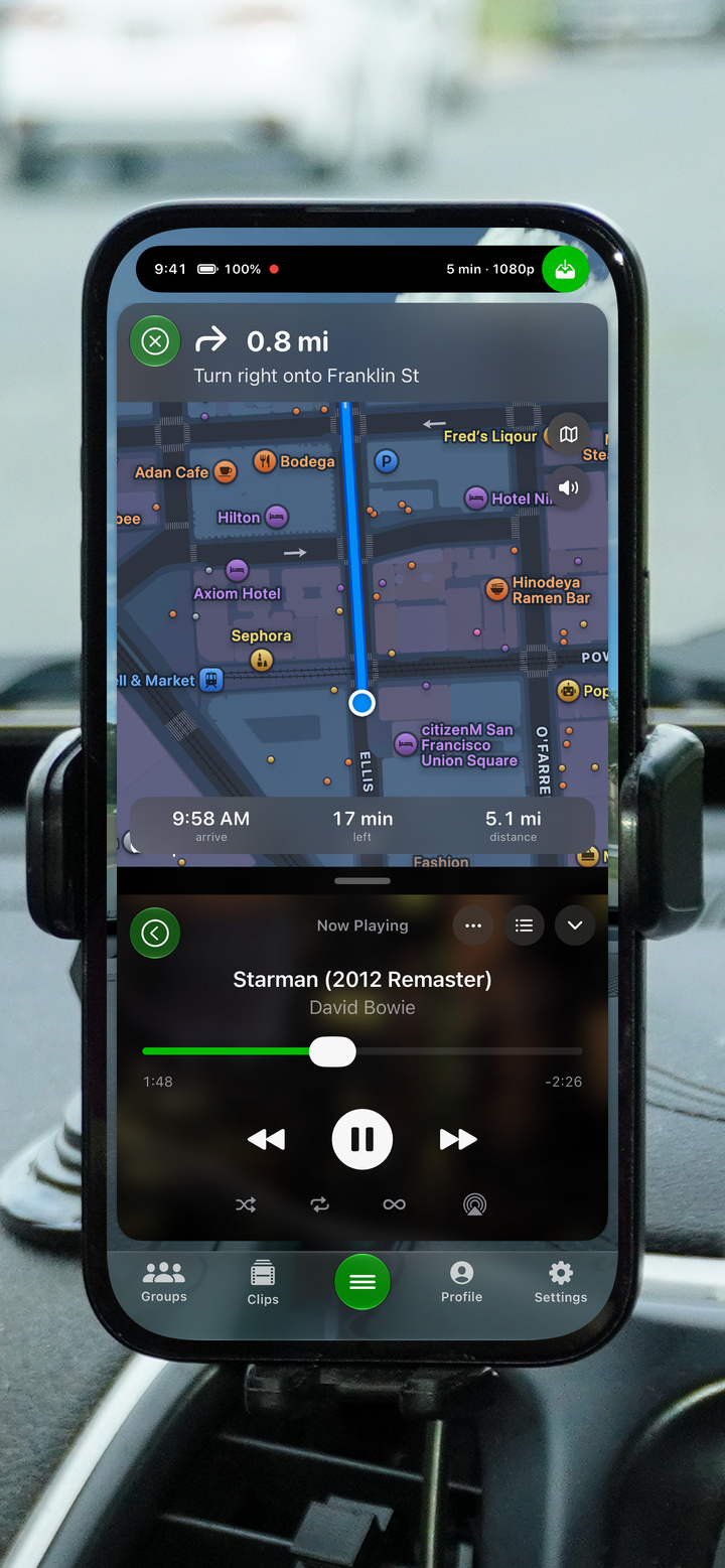 GoDash showing turn-by-turn navigation above a compact Now Playing player