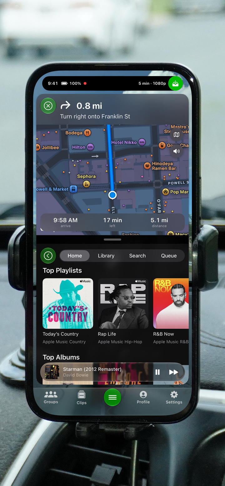 GoDash showing navigation above the music Home tab browsing playlists