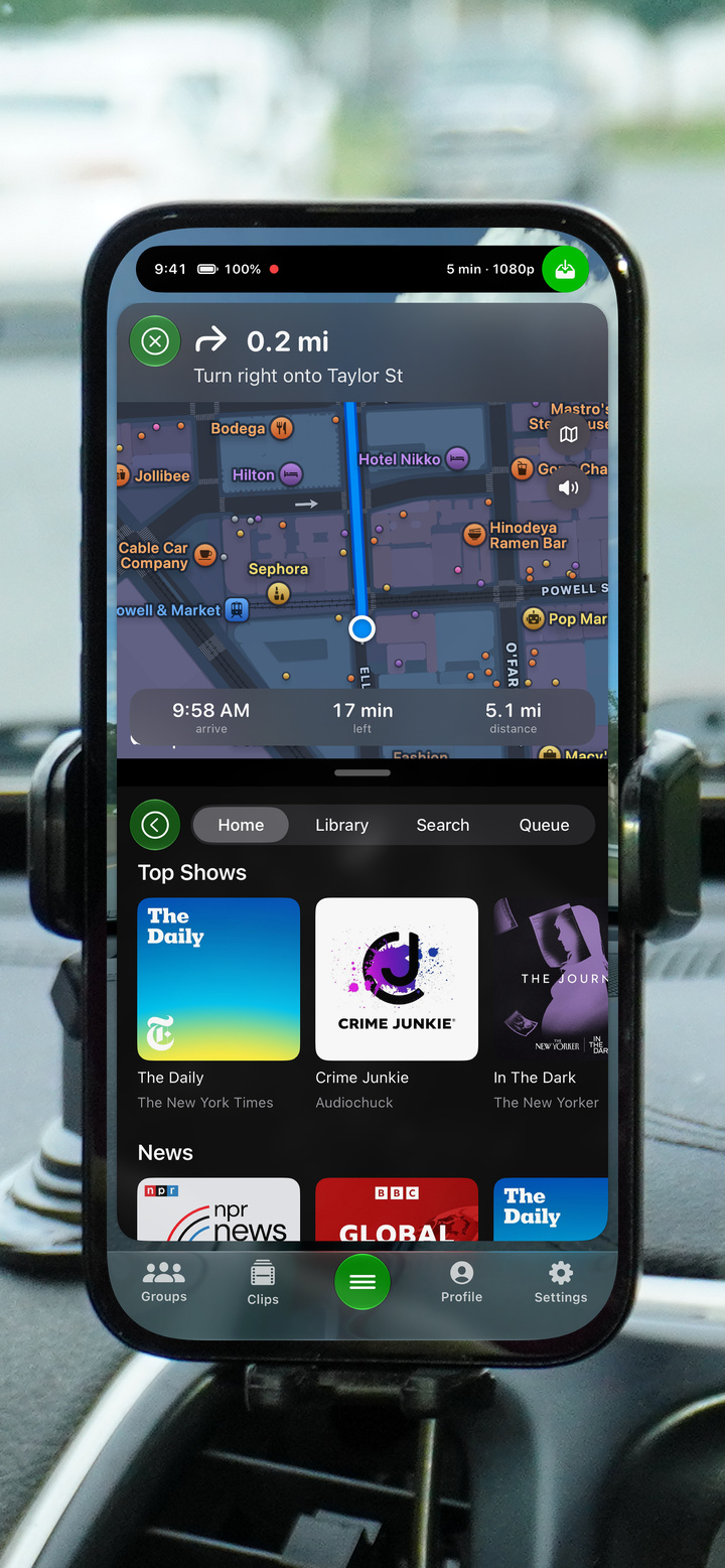GoDash showing turn-by-turn navigation above the Podcasts module browsing top shows