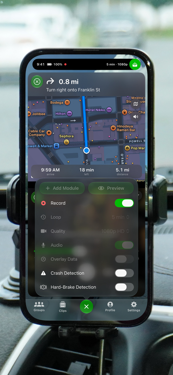 The GoDash dashboard with the recording status around the Dynamic Island