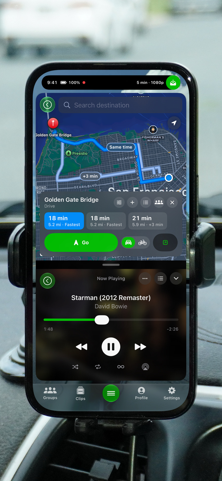 GoDash navigation with route choices and stops