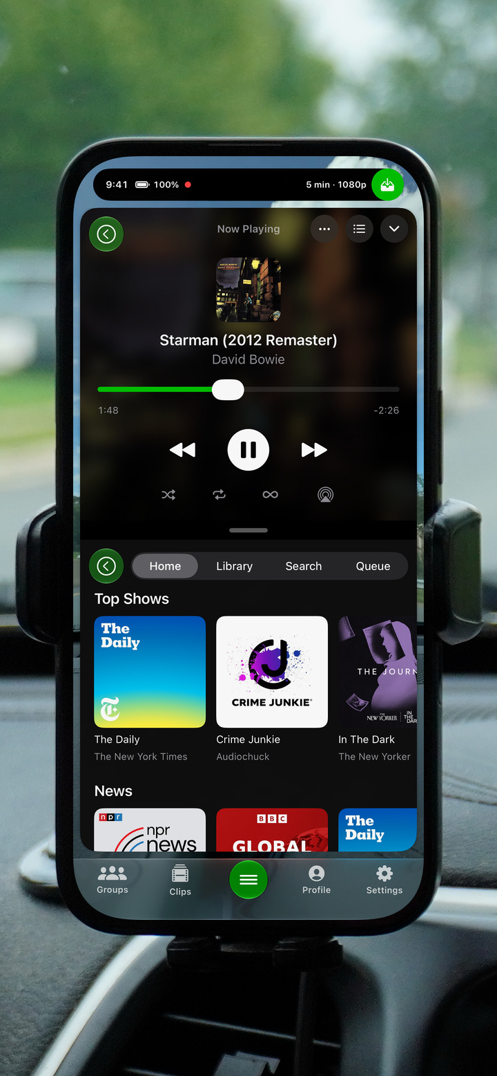 GoDash playing music and podcasts on the dashboard