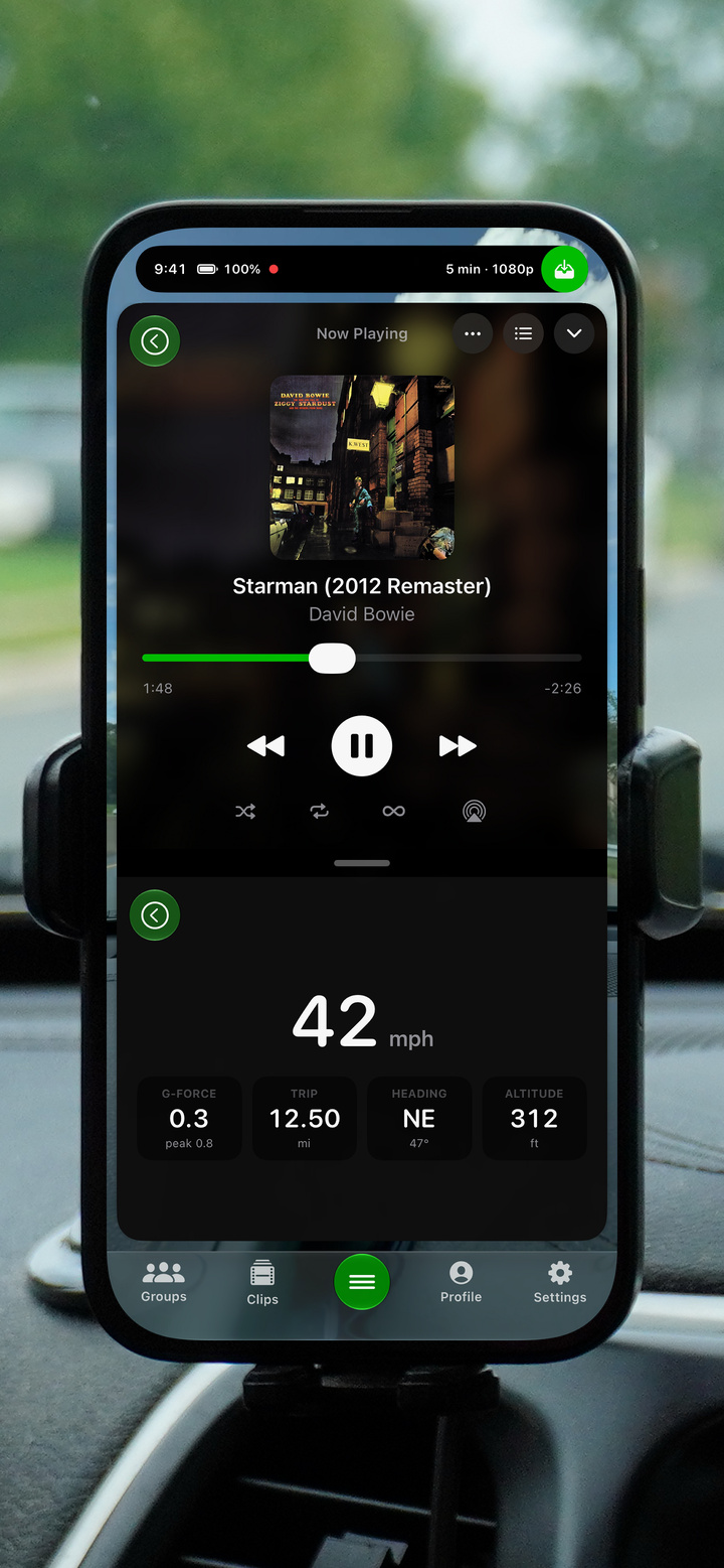 GoDash showing the Now Playing music player above live speed, g-force and heading telemetry