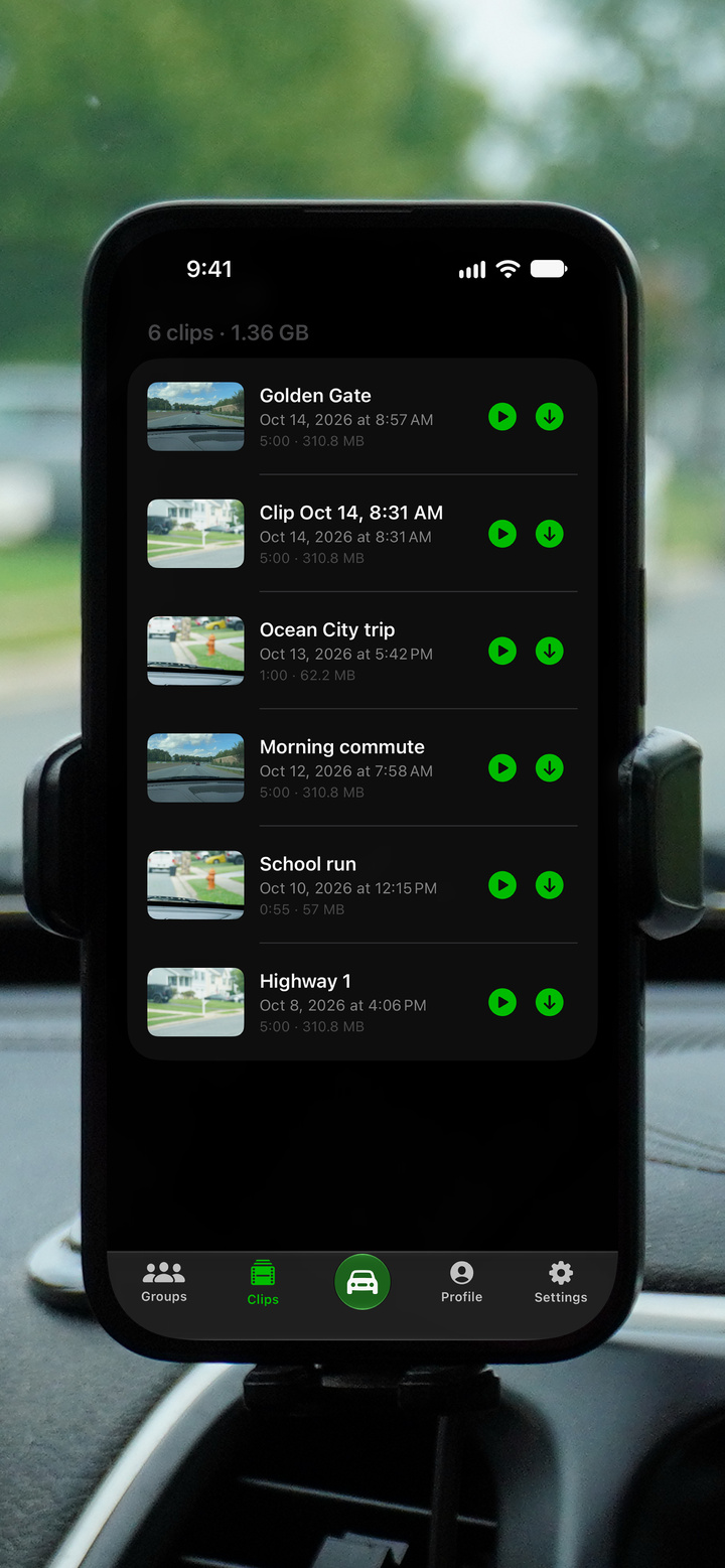 The GoDash list of saved dash cam clips with dates, lengths and file sizes