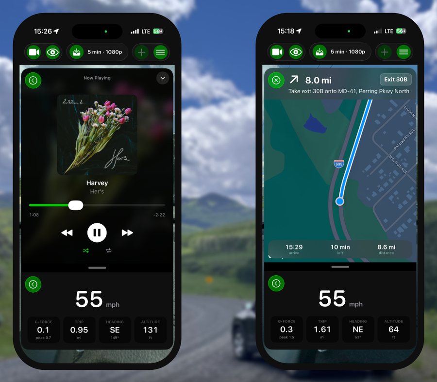 Two iPhones running GoDash: one showing the music module over a live speed and telemetry readout, the other showing turn-by-turn navigation