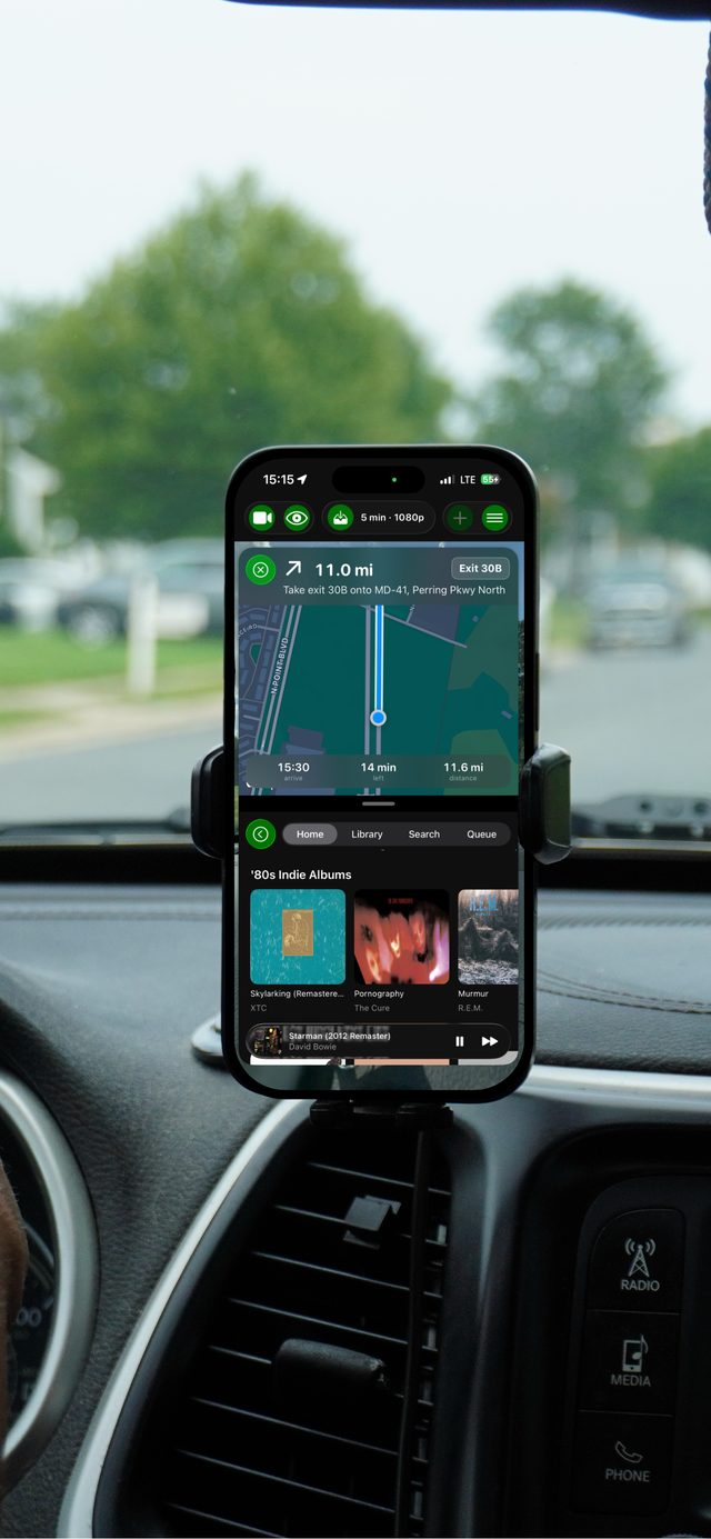 GoDash home layout with navigation and music modules on a dash mount