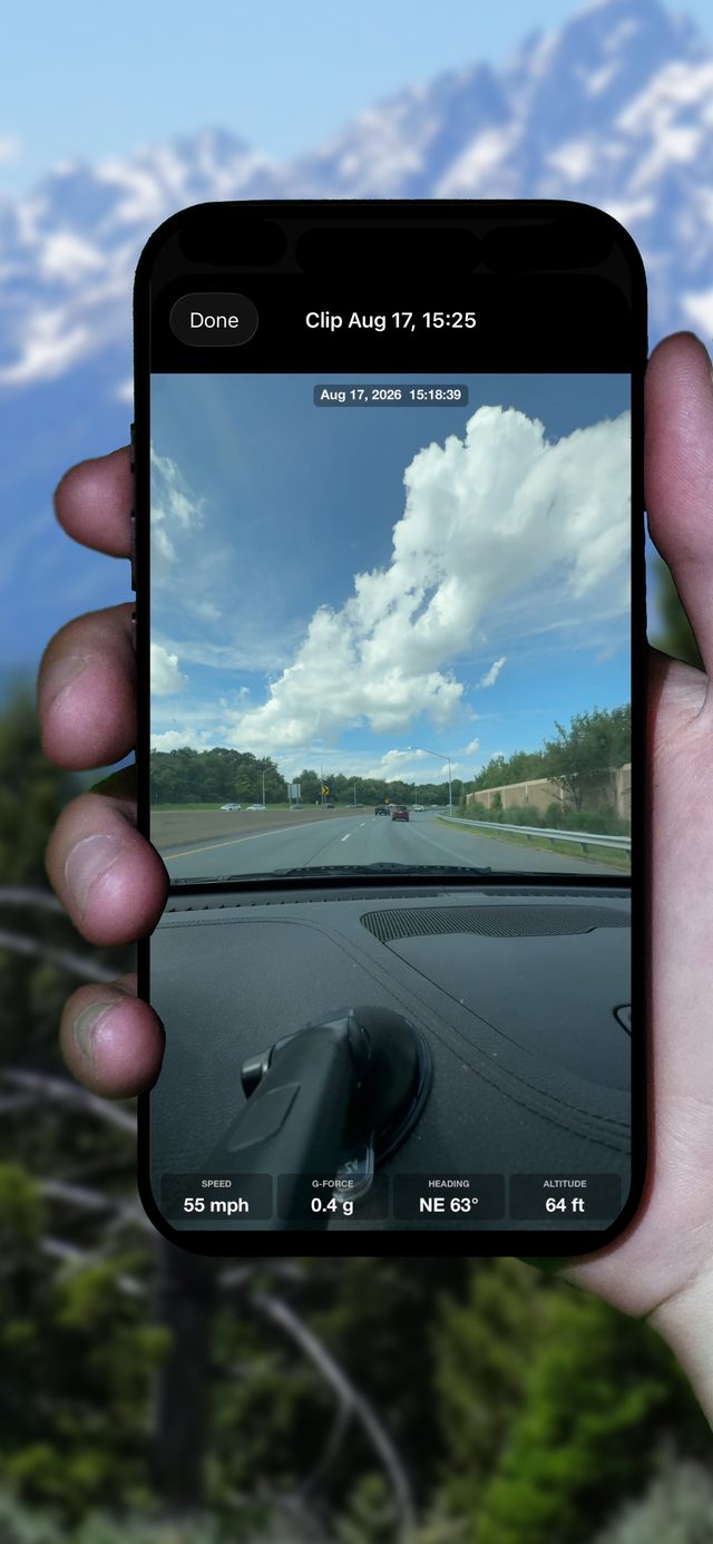 Saved clip playing back with speed, g-force, heading and altitude burned into the frame